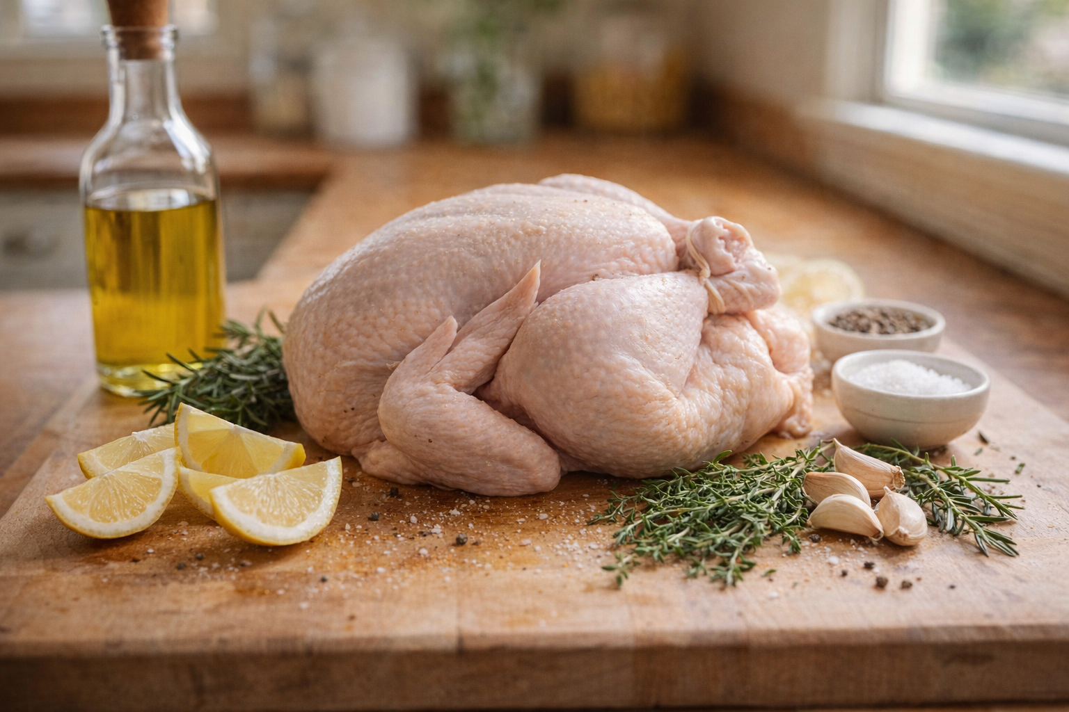 A close-up shot of raw whole chicken on a cutting board, surrounded by herbs (rosemary, thyme), lemon wedges, garlic cloves, salt, pepper, and olive oil, bright kitchen lighting